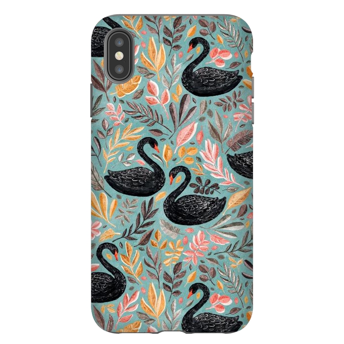 iPhone Xs Max StrongFit Bonny Black Swans with Autumn Leaves on Sage by Micklyn Le Feuvre