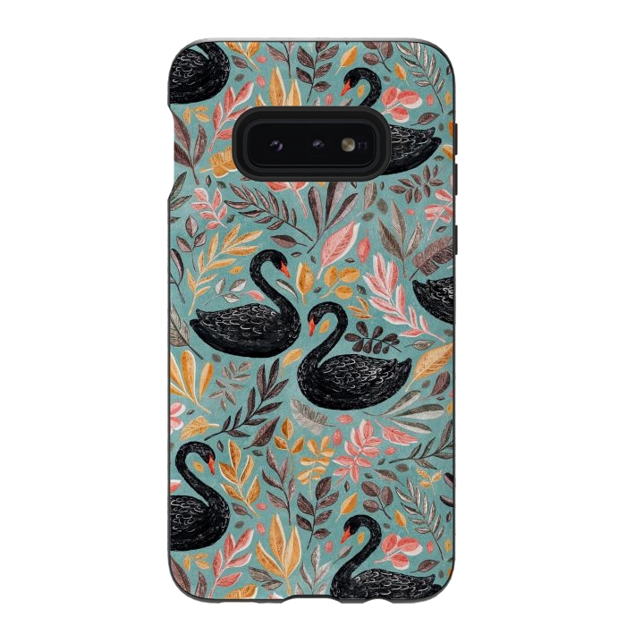 Galaxy S10e StrongFit Bonny Black Swans with Autumn Leaves on Sage by Micklyn Le Feuvre