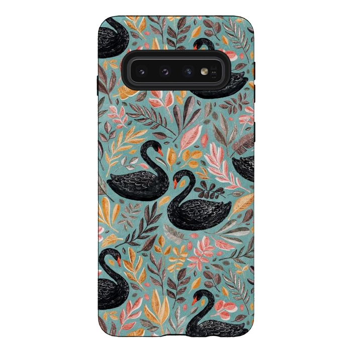Galaxy S10 StrongFit Bonny Black Swans with Autumn Leaves on Sage by Micklyn Le Feuvre