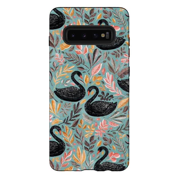 Galaxy S10 plus StrongFit Bonny Black Swans with Autumn Leaves on Sage by Micklyn Le Feuvre