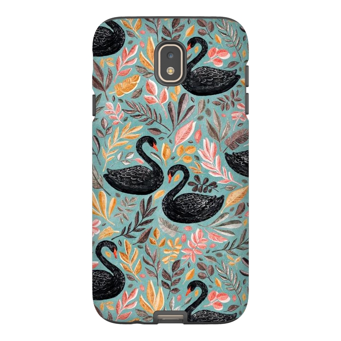 Galaxy J7 StrongFit Bonny Black Swans with Autumn Leaves on Sage by Micklyn Le Feuvre