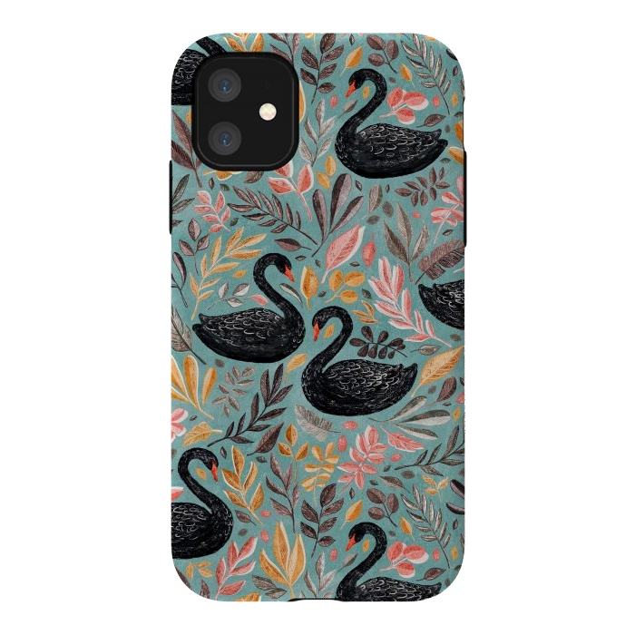 iPhone 11 StrongFit Bonny Black Swans with Autumn Leaves on Sage by Micklyn Le Feuvre