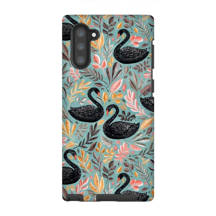 Galaxy Note 10 StrongFit Bonny Black Swans with Autumn Leaves on Sage by Micklyn Le Feuvre