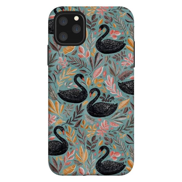 iPhone 11 Pro Max StrongFit Bonny Black Swans with Autumn Leaves on Sage by Micklyn Le Feuvre