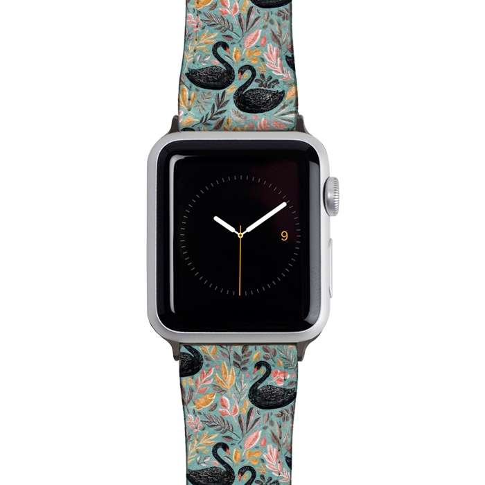 Watch 38mm / 40mm Strap PU leather Bonny Black Swans with Autumn Leaves on Sage by Micklyn Le Feuvre