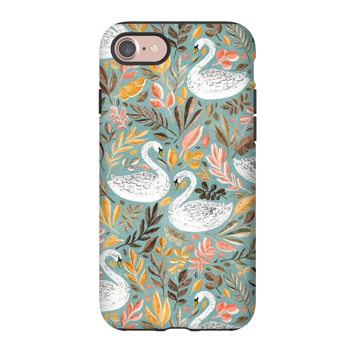 iPhone 7 StrongFit Whimsical White Swans with Autumn Leaves on Sage by Micklyn Le Feuvre