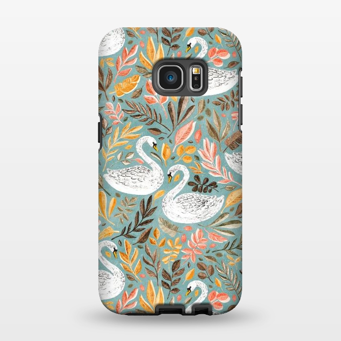 Galaxy S7 EDGE StrongFit Whimsical White Swans with Autumn Leaves on Sage by Micklyn Le Feuvre