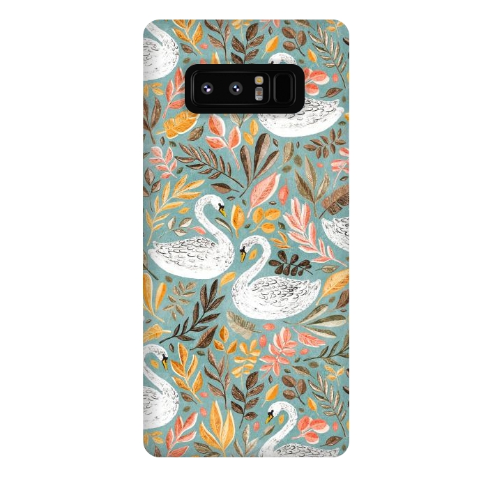 Galaxy Note 8 StrongFit Whimsical White Swans with Autumn Leaves on Sage by Micklyn Le Feuvre