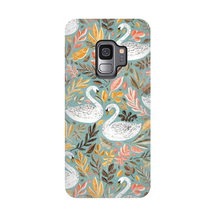 Galaxy S9 StrongFit Whimsical White Swans with Autumn Leaves on Sage by Micklyn Le Feuvre