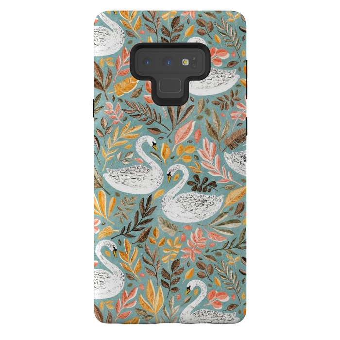Galaxy Note 9 StrongFit Whimsical White Swans with Autumn Leaves on Sage by Micklyn Le Feuvre