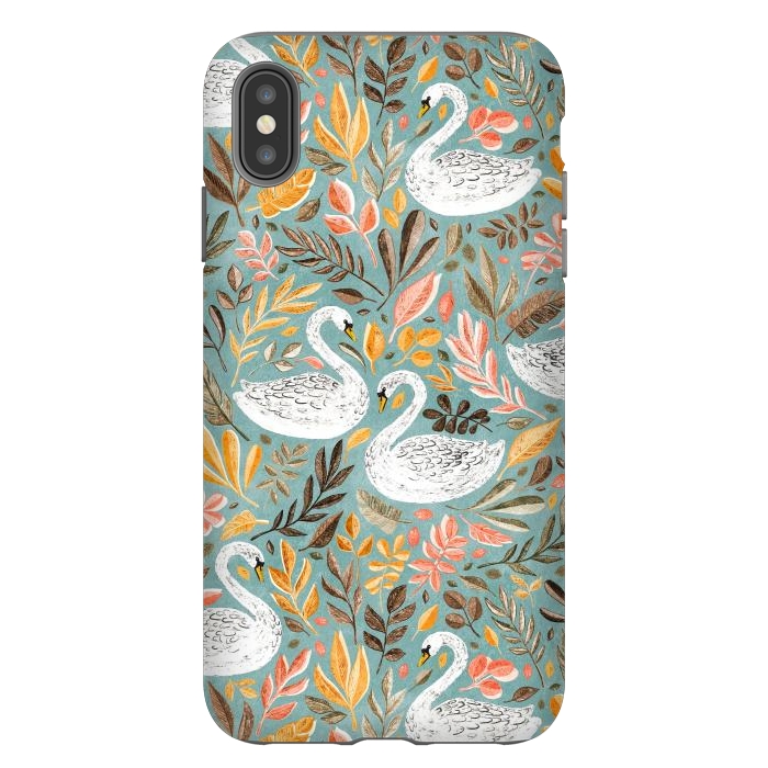 iPhone Xs Max StrongFit Whimsical White Swans with Autumn Leaves on Sage by Micklyn Le Feuvre