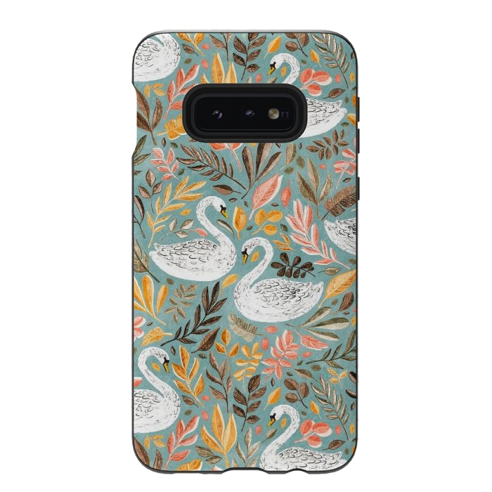 Galaxy S10e StrongFit Whimsical White Swans with Autumn Leaves on Sage by Micklyn Le Feuvre