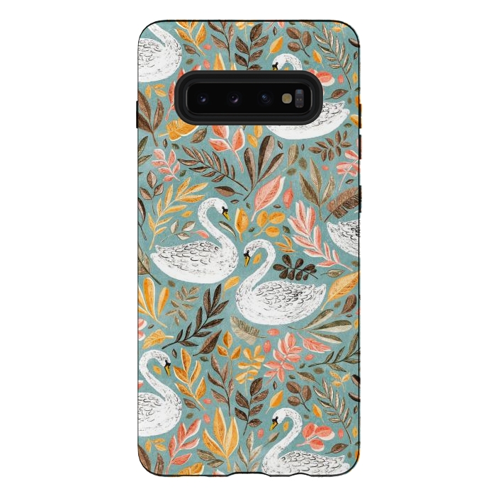 Galaxy S10 plus StrongFit Whimsical White Swans with Autumn Leaves on Sage by Micklyn Le Feuvre