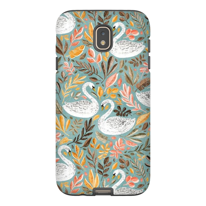 Galaxy J7 StrongFit Whimsical White Swans with Autumn Leaves on Sage by Micklyn Le Feuvre