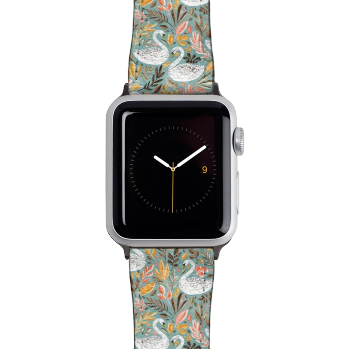 Watch 38mm / 40mm Strap PU leather Whimsical White Swans with Autumn Leaves on Sage by Micklyn Le Feuvre