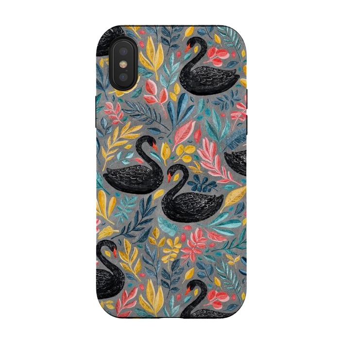 iPhone Xs / X StrongFit Bonny Black Swans with Lots of Leaves on Grey by Micklyn Le Feuvre