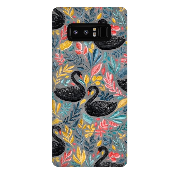 Galaxy Note 8 StrongFit Bonny Black Swans with Lots of Leaves on Grey by Micklyn Le Feuvre