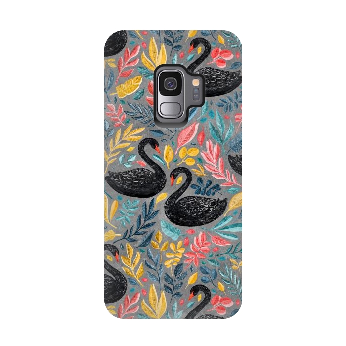 Galaxy S9 StrongFit Bonny Black Swans with Lots of Leaves on Grey by Micklyn Le Feuvre