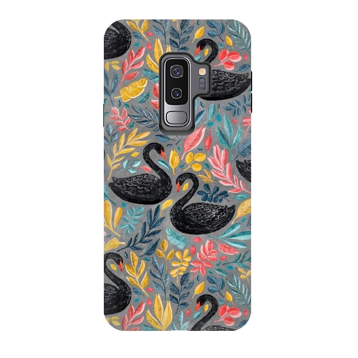 Galaxy S9 plus StrongFit Bonny Black Swans with Lots of Leaves on Grey by Micklyn Le Feuvre