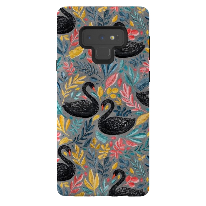 Galaxy Note 9 StrongFit Bonny Black Swans with Lots of Leaves on Grey by Micklyn Le Feuvre