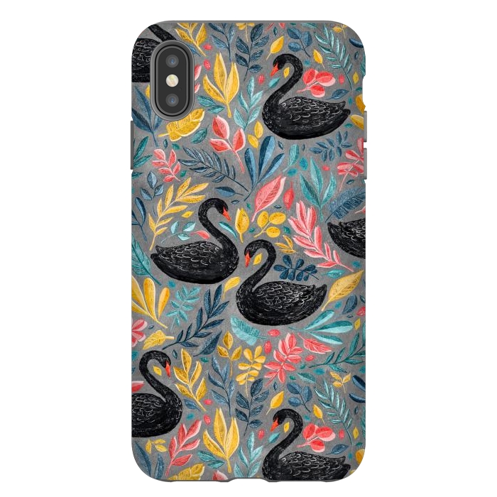 iPhone Xs Max StrongFit Bonny Black Swans with Lots of Leaves on Grey by Micklyn Le Feuvre