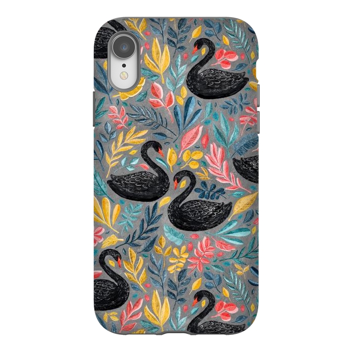 iPhone Xr StrongFit Bonny Black Swans with Lots of Leaves on Grey by Micklyn Le Feuvre