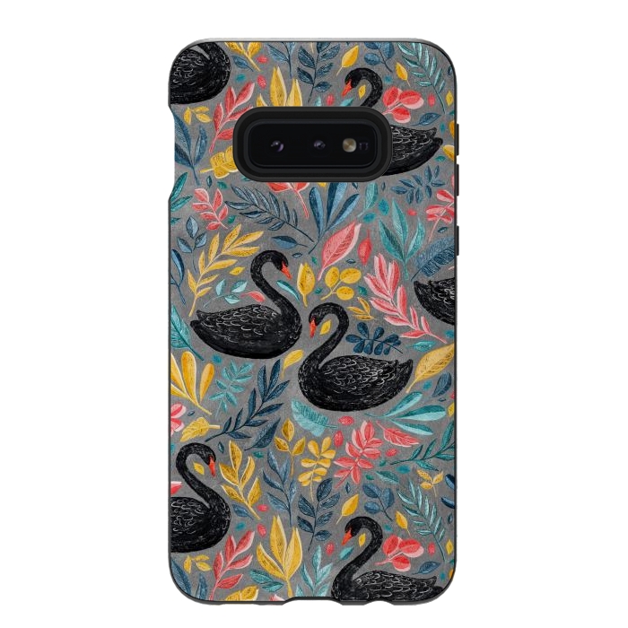 Galaxy S10e StrongFit Bonny Black Swans with Lots of Leaves on Grey by Micklyn Le Feuvre