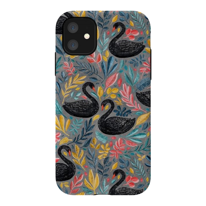 iPhone 11 StrongFit Bonny Black Swans with Lots of Leaves on Grey by Micklyn Le Feuvre