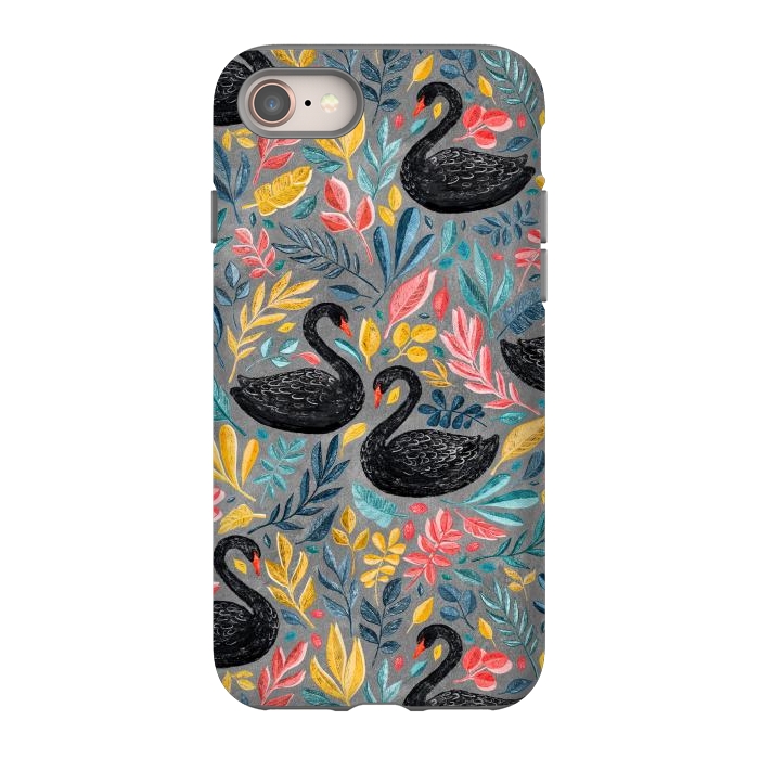 iPhone SE StrongFit Bonny Black Swans with Lots of Leaves on Grey by Micklyn Le Feuvre