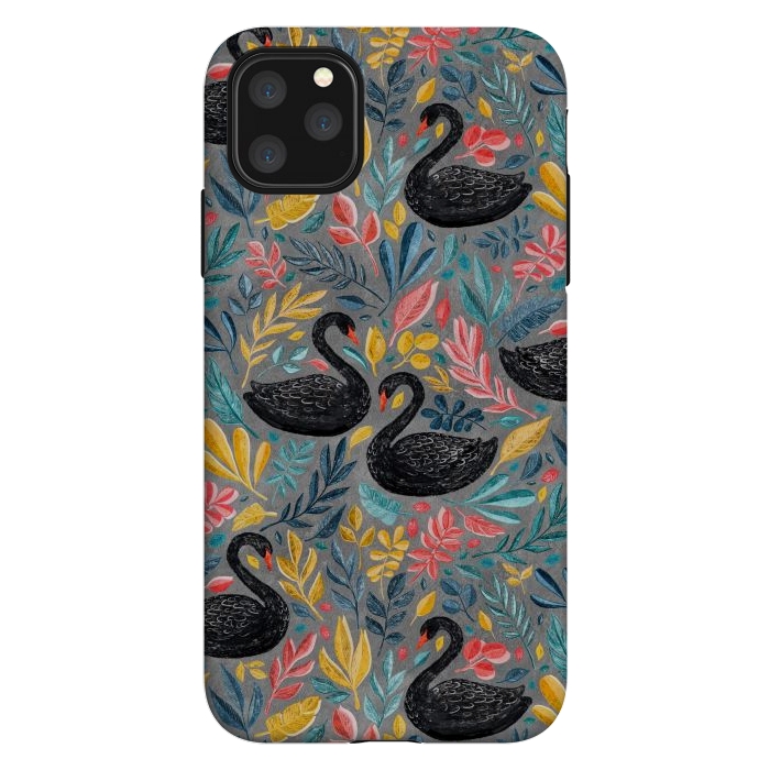 iPhone 11 Pro Max StrongFit Bonny Black Swans with Lots of Leaves on Grey by Micklyn Le Feuvre