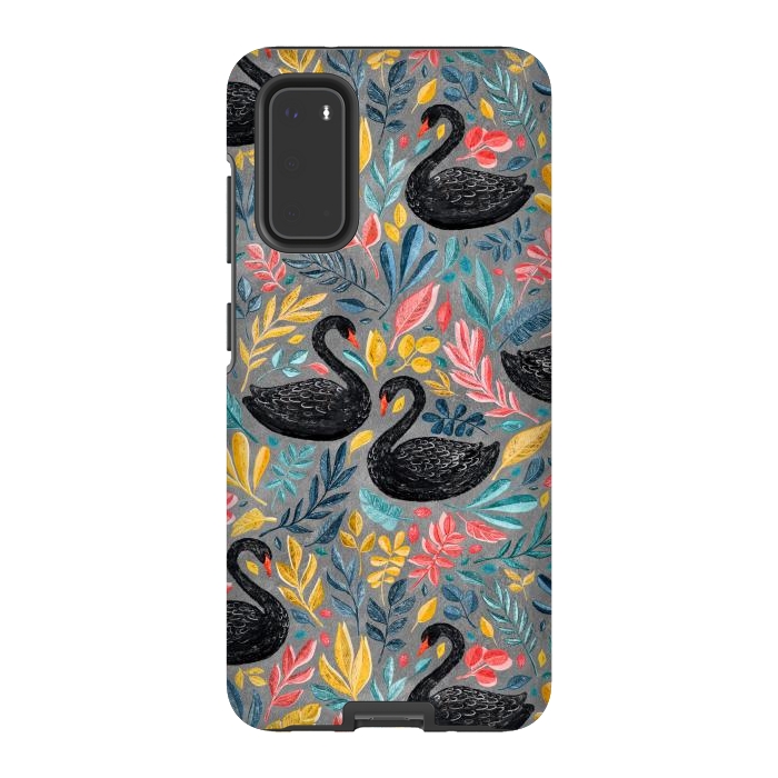 Galaxy S20 StrongFit Bonny Black Swans with Lots of Leaves on Grey by Micklyn Le Feuvre