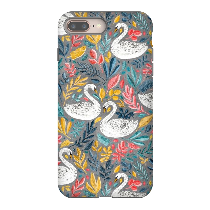 iPhone 7 plus StrongFit Whimsical White Swans with Lots of Leaves on Grey by Micklyn Le Feuvre