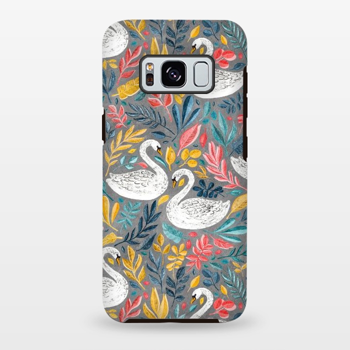 Galaxy S8 plus StrongFit Whimsical White Swans with Lots of Leaves on Grey by Micklyn Le Feuvre