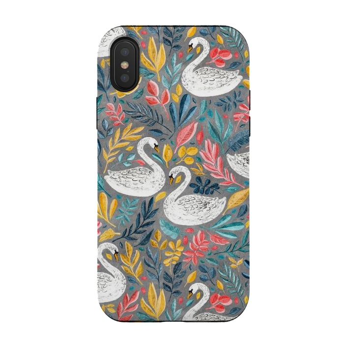 iPhone Xs / X StrongFit Whimsical White Swans with Lots of Leaves on Grey by Micklyn Le Feuvre
