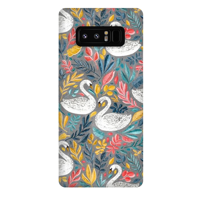 Galaxy Note 8 StrongFit Whimsical White Swans with Lots of Leaves on Grey by Micklyn Le Feuvre