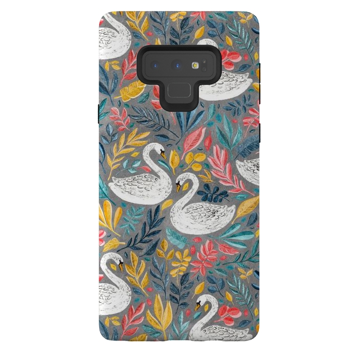 Galaxy Note 9 StrongFit Whimsical White Swans with Lots of Leaves on Grey by Micklyn Le Feuvre