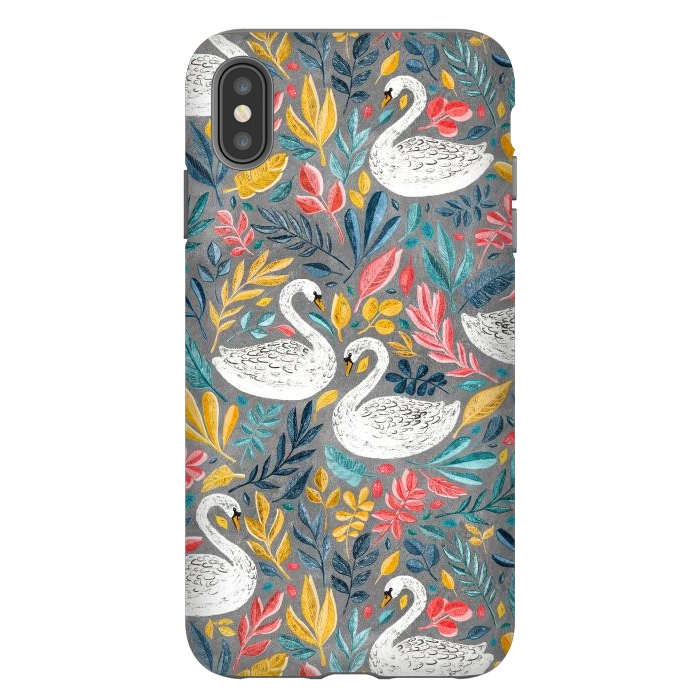 iPhone Xs Max StrongFit Whimsical White Swans with Lots of Leaves on Grey by Micklyn Le Feuvre