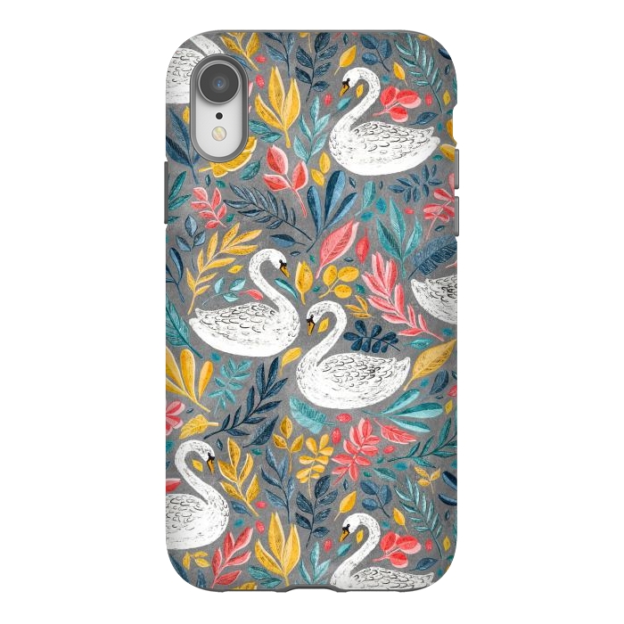 iPhone Xr StrongFit Whimsical White Swans with Lots of Leaves on Grey by Micklyn Le Feuvre
