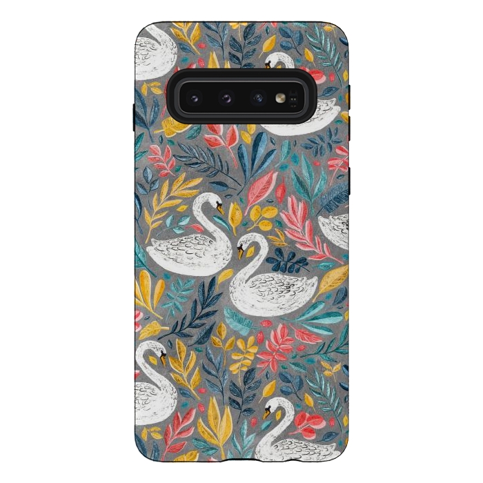 Galaxy S10 StrongFit Whimsical White Swans with Lots of Leaves on Grey by Micklyn Le Feuvre