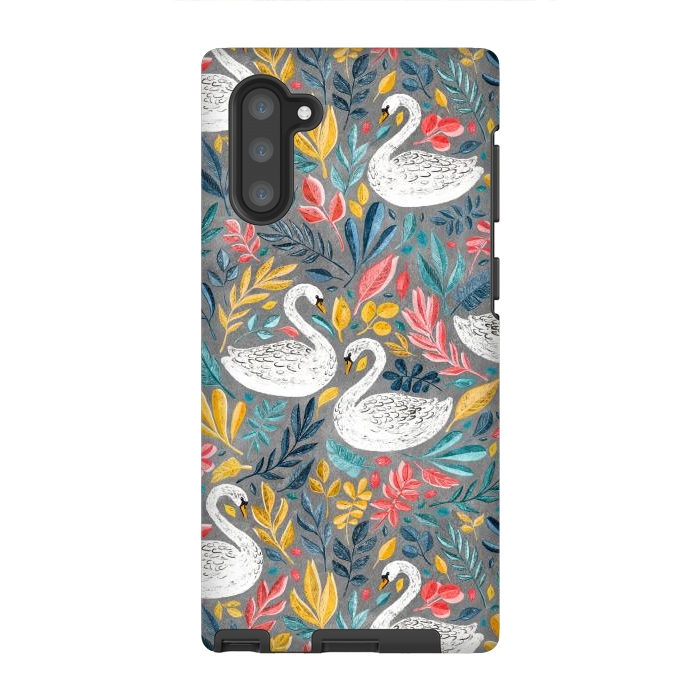 Galaxy Note 10 StrongFit Whimsical White Swans with Lots of Leaves on Grey by Micklyn Le Feuvre