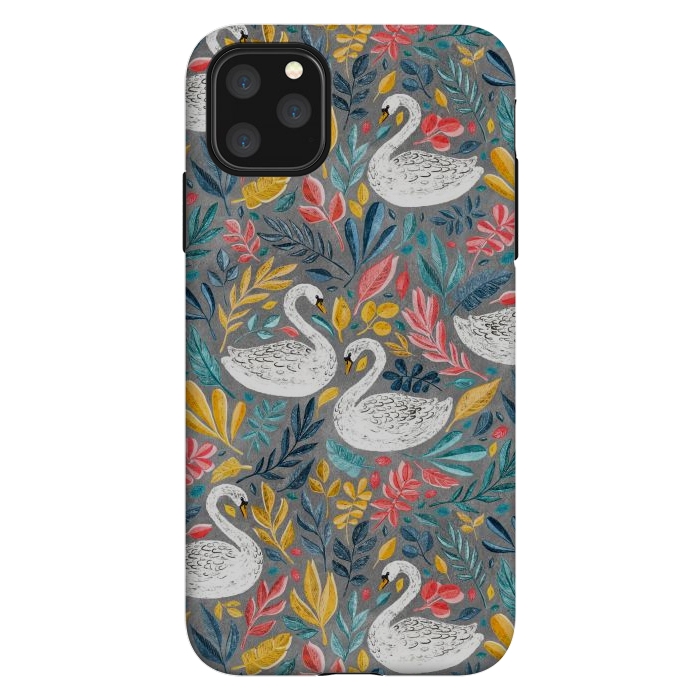 iPhone 11 Pro Max StrongFit Whimsical White Swans with Lots of Leaves on Grey by Micklyn Le Feuvre