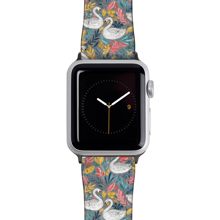 Watch 42mm / 44mm Strap PU leather Whimsical White Swans with Lots of Leaves on Grey by Micklyn Le Feuvre