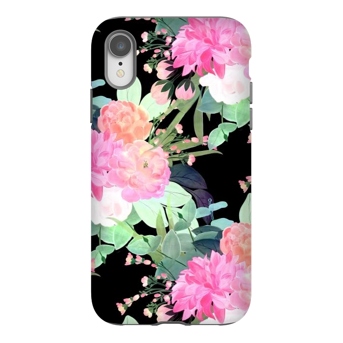 iPhone Xr StrongFit Trendy Pink & Black Flowers Watercolor Design by InovArts