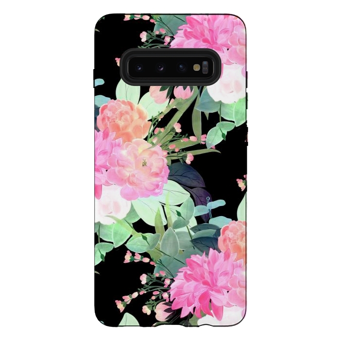 Galaxy S10 plus StrongFit Trendy Pink & Black Flowers Watercolor Design by InovArts