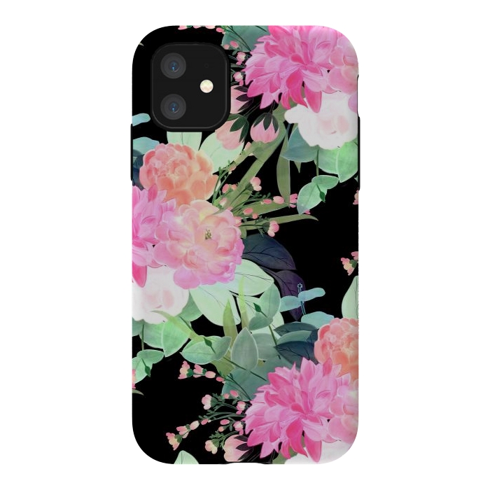 iPhone 11 StrongFit Trendy Pink & Black Flowers Watercolor Design by InovArts