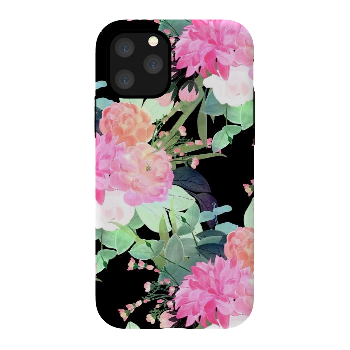 iPhone 11 Pro StrongFit Trendy Pink & Black Flowers Watercolor Design by InovArts