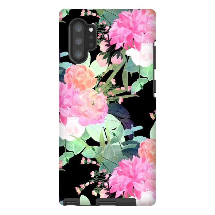 Galaxy Note 10 plus StrongFit Trendy Pink & Black Flowers Watercolor Design by InovArts