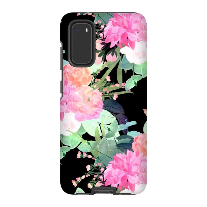 Galaxy S20 StrongFit Trendy Pink & Black Flowers Watercolor Design by InovArts