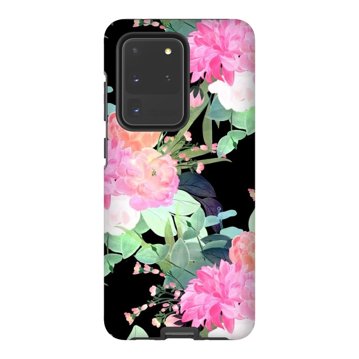 Galaxy S20 Ultra StrongFit Trendy Pink & Black Flowers Watercolor Design by InovArts