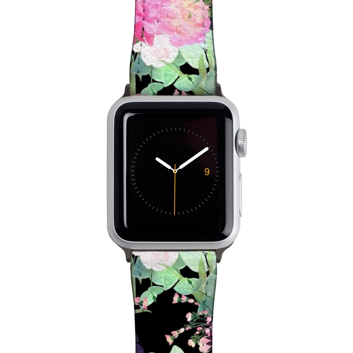 Watch 42mm / 44mm Strap PU leather Trendy Pink & Black Flowers Watercolor Design by InovArts